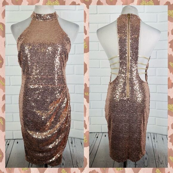 Wink Gal Rose Gold Sequin Halter Dress - Size Large - Picture 3 of 16